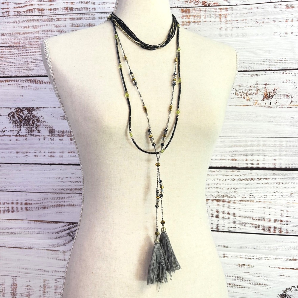Vintage Layered Tassel Lariat Necklaces x3 Black Gold Glass Gunmetal Gypsy